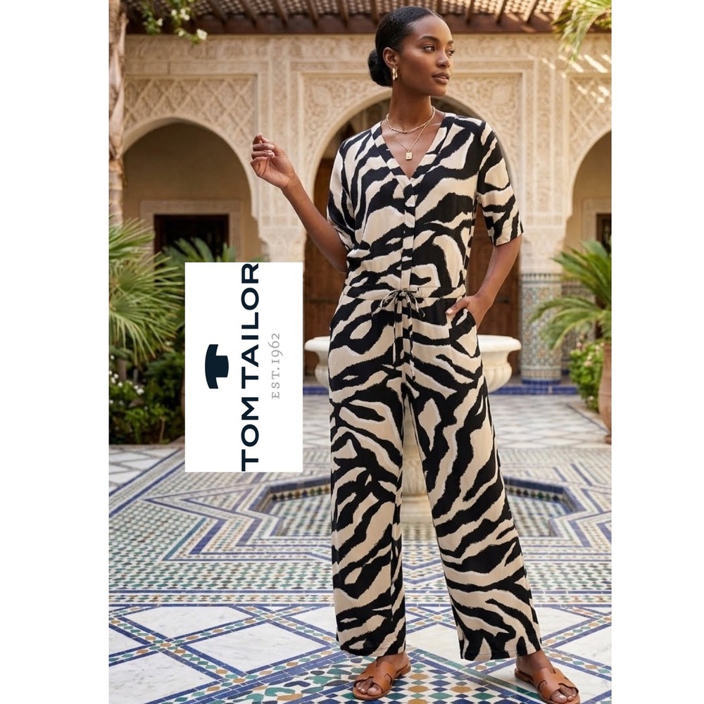 Tom Tailor Zebra Print Jumpsuit V-Neck Button Front Wide Leg Viscose Size 40
